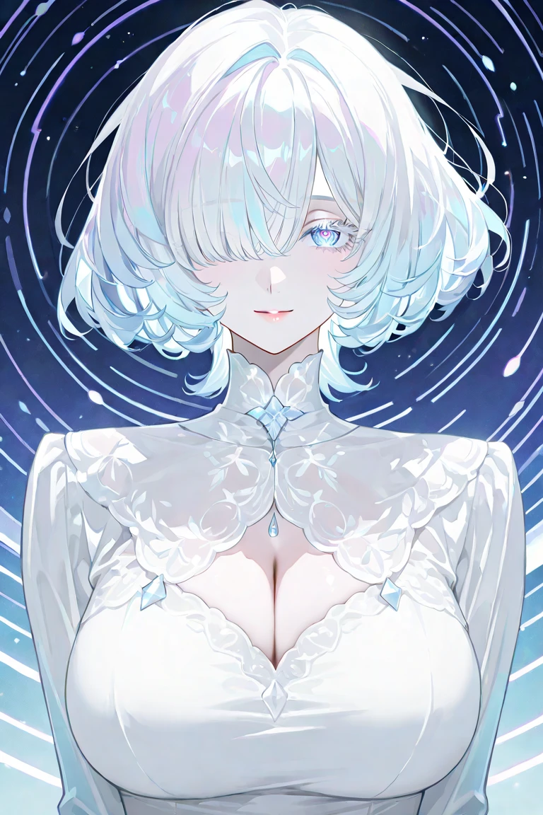 silber hair,butterflys,long whitr hair,white wedding gown,8k wallpaper,detailedbackground,Highest high resolution,deep v big breasts,Hair covers one eye,Bandeau wedding dress,chies,White rose,tight-fitting,chies,In the daytime,