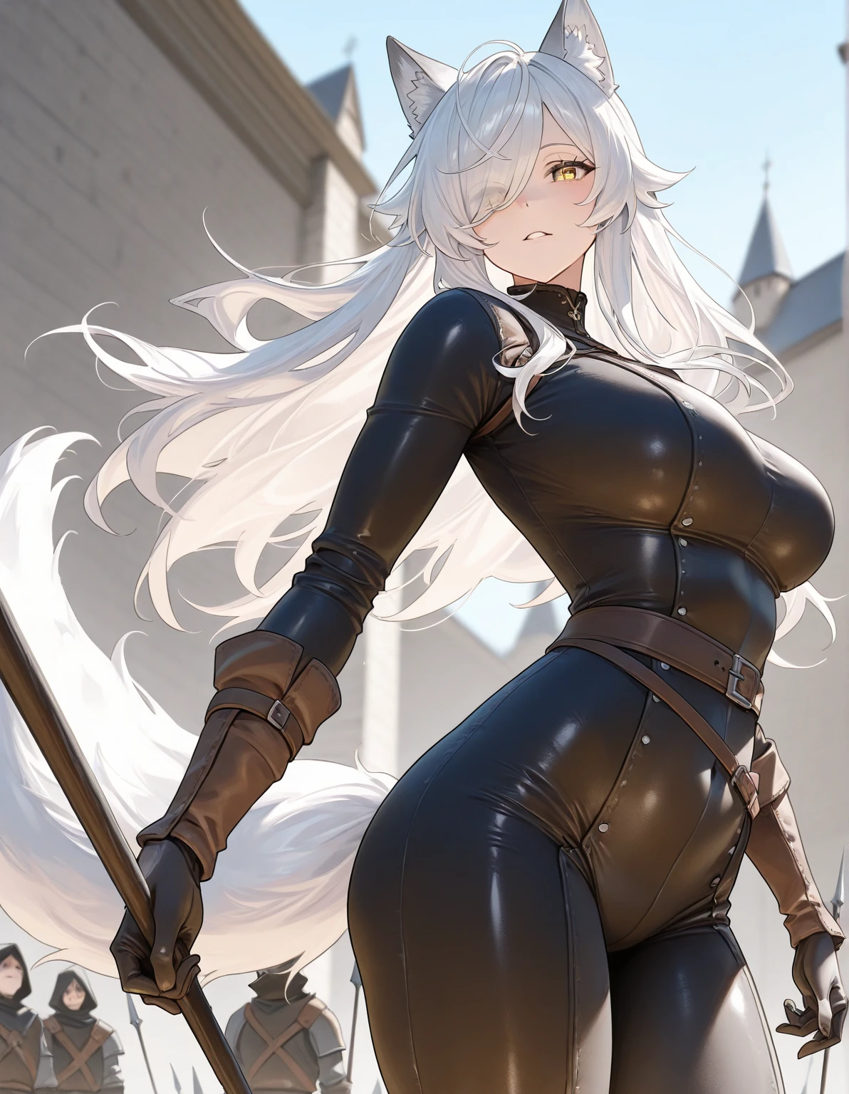 girl, long white hair, golden eyes, big boobs, big butt, big thighs, pajamas, pony tail