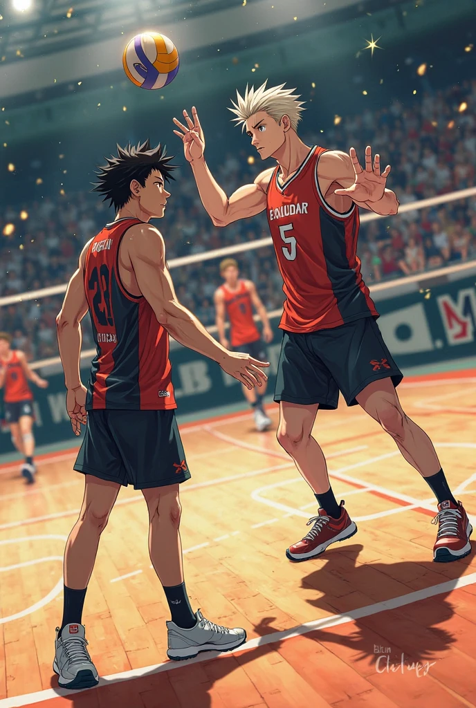 Two boys play volleyball,sandbeach