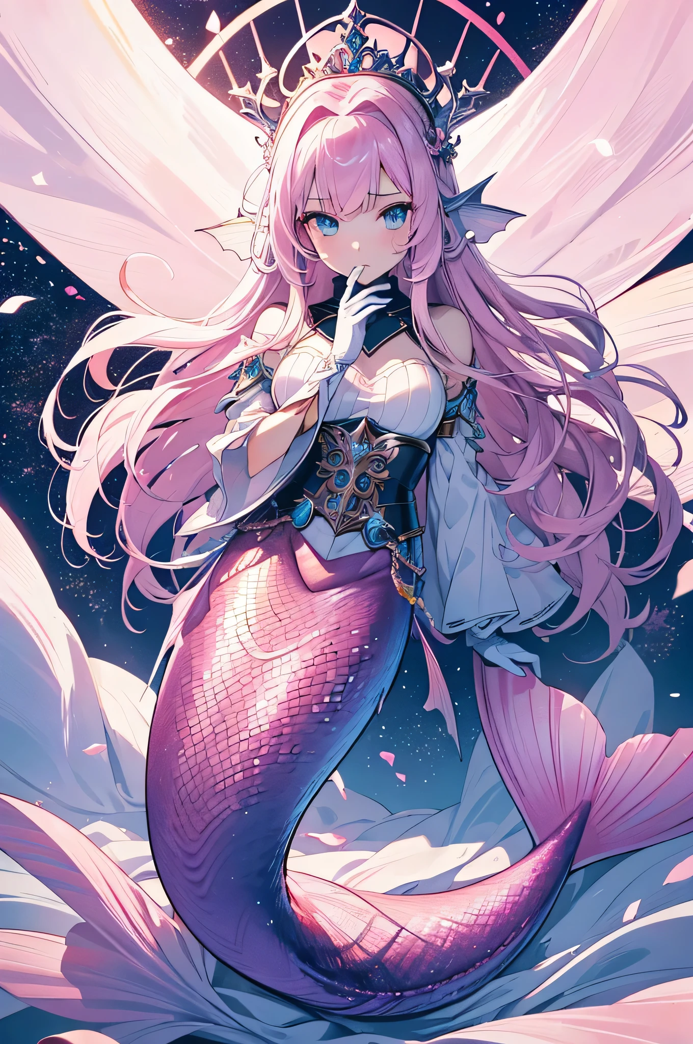 Mermaid，Mermaid，Mermaid女孩，Mermaid尾巴，Bodysuit style，Scale style，Underwater background，Underwater background，Seabed background，Coral shells background，Background in sea water，pink的鳞片，pink色调，fin，身上长着fin，Girl with fish tail，pink，pink鳞片，cute，cute，cute，crown，Armor，Armor，pink，pink鳞片，Close-up above the waist镜头，cute，beauty，Close-up above the waist镜头，Close-up above the waist，Upper body close-up，Giant fish tail