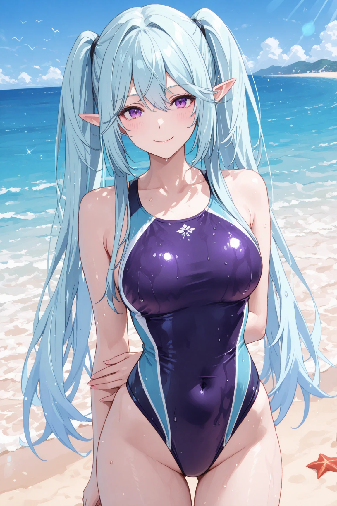 absurderes:2.0、(( on float ring, spread legs)), blue sky Beach, realistic, Unity 8K Wallpaper, Masterpiece, Realistic face, Realistic skin feeling ,detailed hair, highly detailed, realistic glistening skin, detailed background, oily skin, (high-key lighting、Front Light:1.3、 dramatic angle), (solo, sexy ,25 year old elf、blue swim race suit:1.5、), glossy lip, seductive smile, gray hair