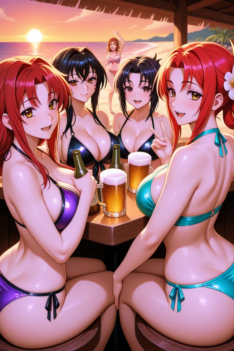 2d, masterpiece, best quality, anime, highly detailed, 5 girl, photo of 5 girl, quintuplets, nakano itsuki, red hair, long hair, star hair ornament, ahoge, large breasts, standing, onsen, red bikini, outdoors, smile, abdominal, abs muscular, belly button, side breasts, back muscles, sitting crossed legs, yoga poses, round table filled with quintuplets surrounded by multiple quintuplets, drinking orange juice and vodka, on all fours, sexy body, perfect body