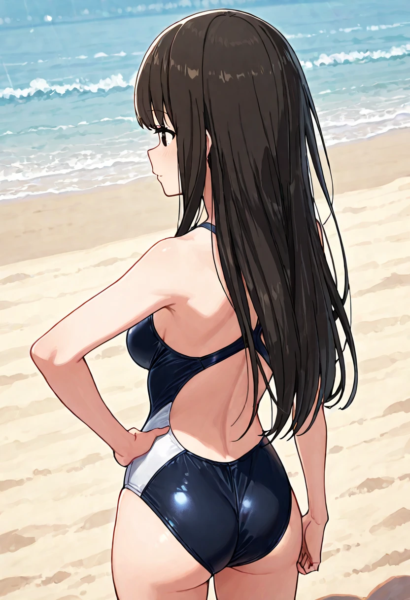 (Best quality:1.3), nakano miku, brown long hair, hair between eyes, thick butt, bikini, standing, beach, (from rear view), blushing:1.3, smiling