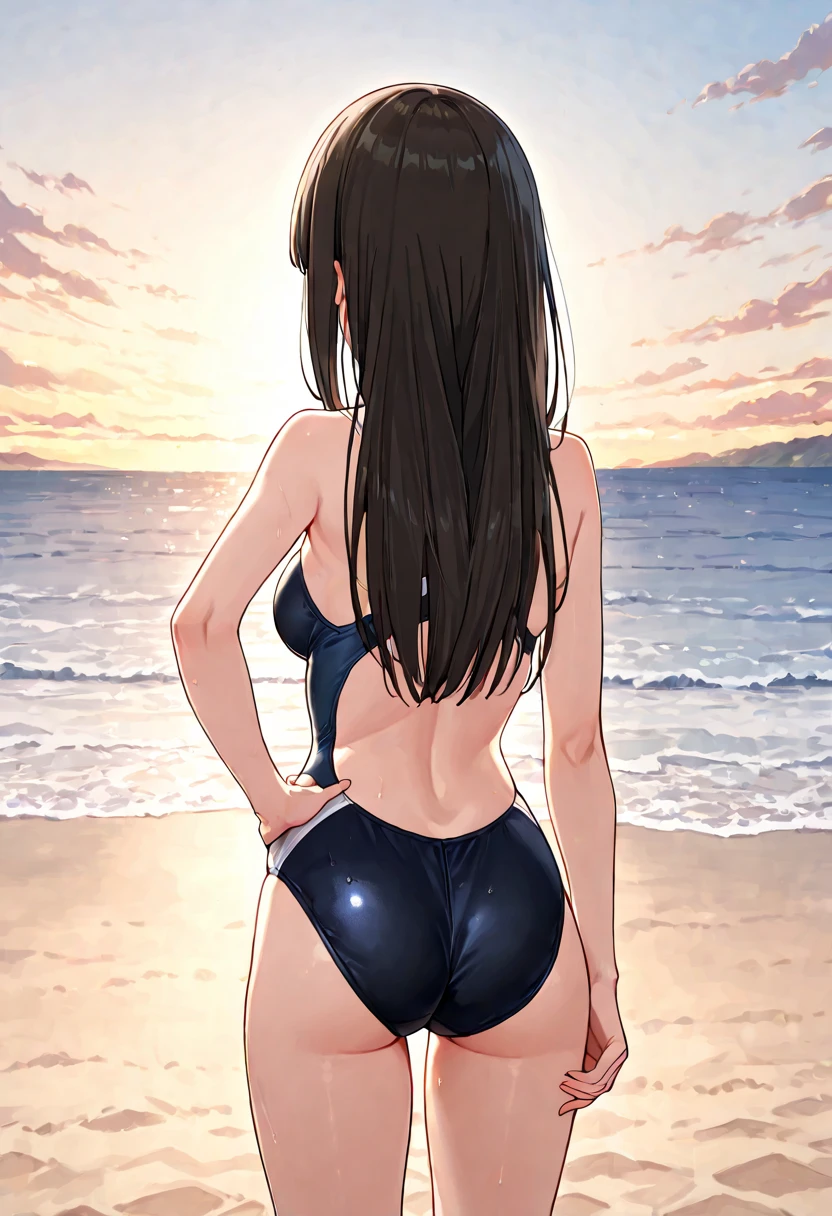 ((masterpiece, Highest quality, High resolution, uhd, Pixel perfect, Depth of written boundary, 4K, RTX, HDR)), 1 Girl, single, alone, 24-years-old, Anime Girls, Beautiful art style, anime character, ((Parted bangs, Brown Hair)), (blue eyes、Round eyes, Delicate eyelashes、Beautiful eyelashes, Perfect Eyes), (Detailed face:1.2), (Smooth texture:0.75, Realistic texture:0.65, Realistic:1.2, Cinematic, Anime CG Style), Perfect body, Ocean:1.3、Moderately good breasts:1.7、Micro Bikini:1.8、Visible from the thighs:1.9、Wet、Water Drop、Splash、nsfw、visible from below、Seen from behind