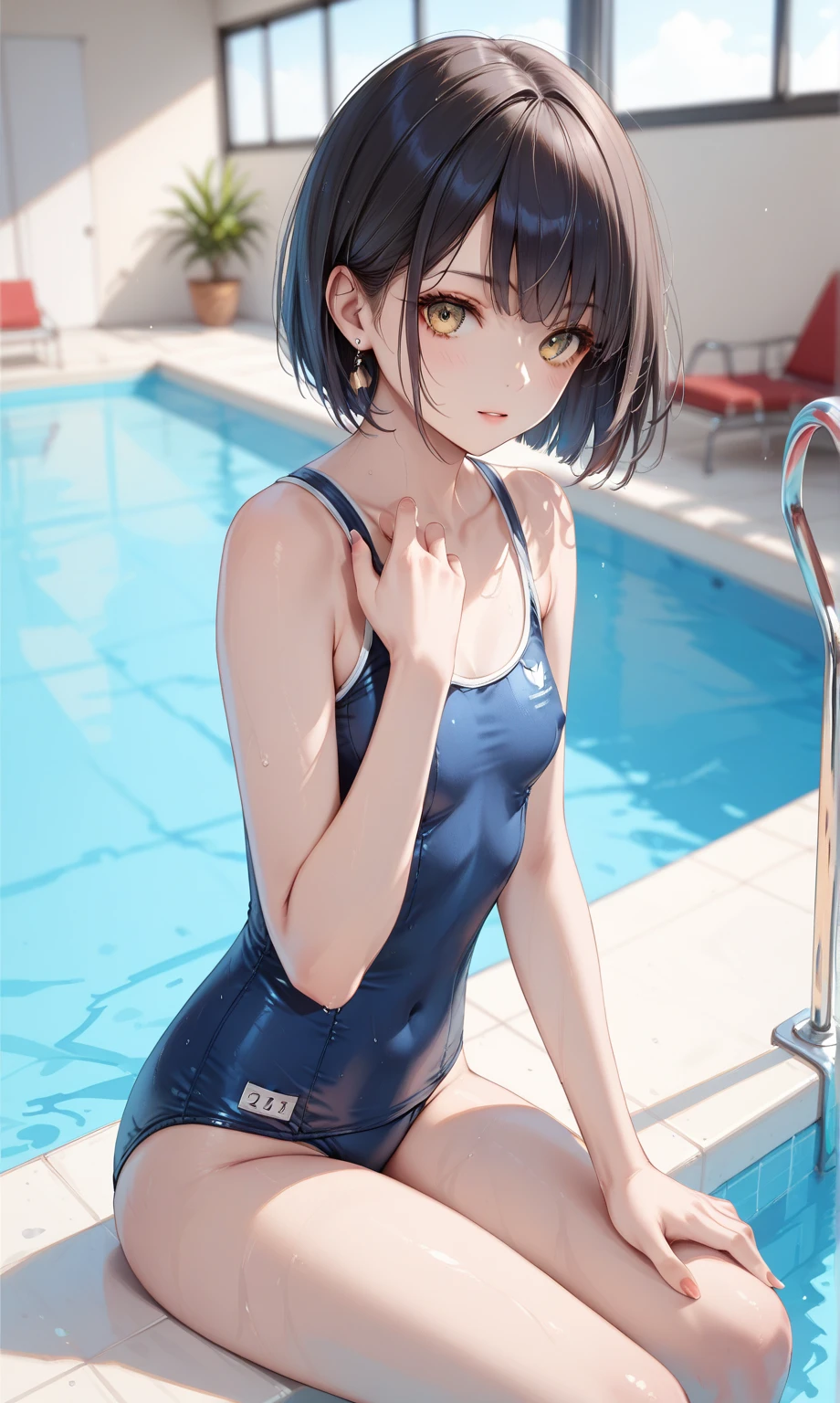 ((masterpiece, best quality)),((highres:1.2)), 1 Girl, solo, Blurred Background, (((Small breasts))), Thighs, (Stripe underwear), (One piece swimsuit), pool, leg Spread, short hair