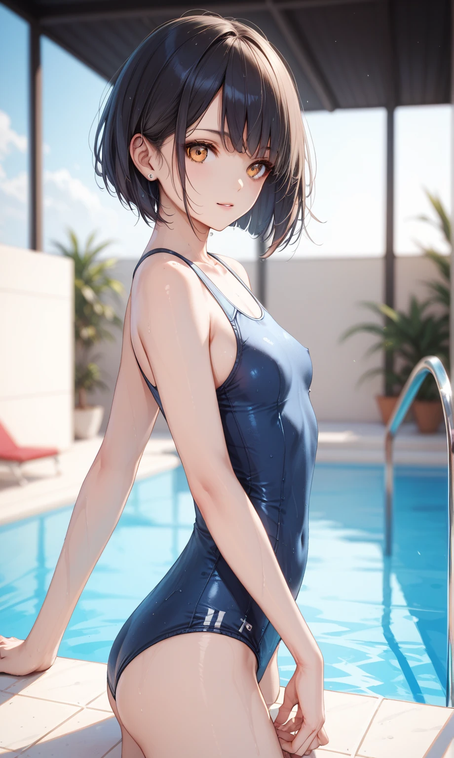(1 girl, alone, Japanese Girls), 13 years old,highest quality, Tabletop, 8k, High resolution, Super detailed, (Portraiture), , Black Hair, short hair, Hair Clip, Shiny skin, Flat Chest,, (Middle school students:1.5, Swimwear