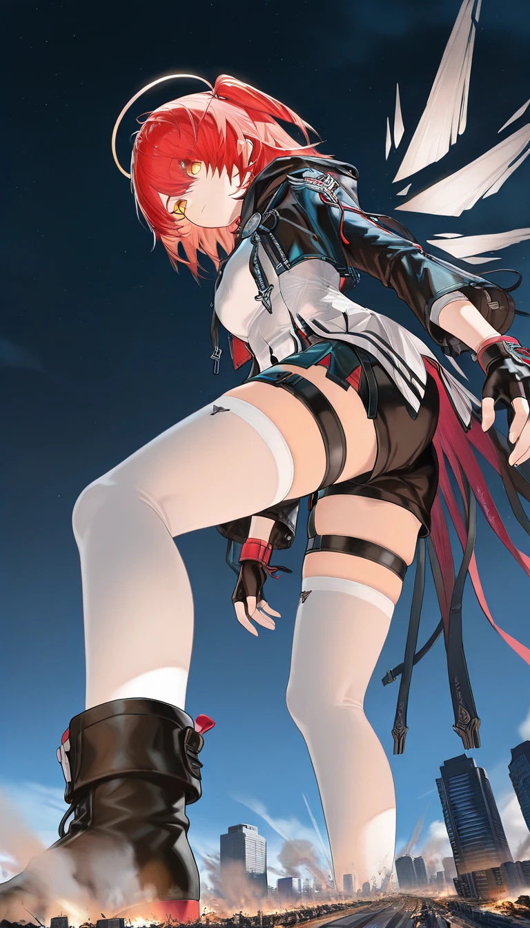 High tail hairstyle, Ponytail hairstyle, Long wavy black hair, standing posing, anime girl style, pixel art anime style,penetrating look with deep eyes,red and purple eyes, hair with a ponytail hairstyle trapped with a big red bun, women, red hair clips, x color shaped hair clips , smiling face blush, next to his bed, lingerie, tank top, Black hair, mini skirt, big thighs,