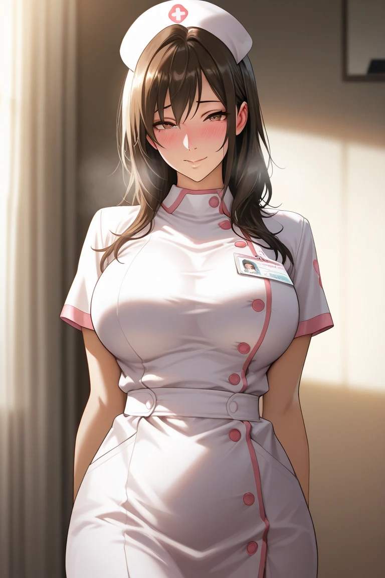 1girl, solo, brown hair, lipstick, large breasts, thighs, nurse outfit, smiling, standing