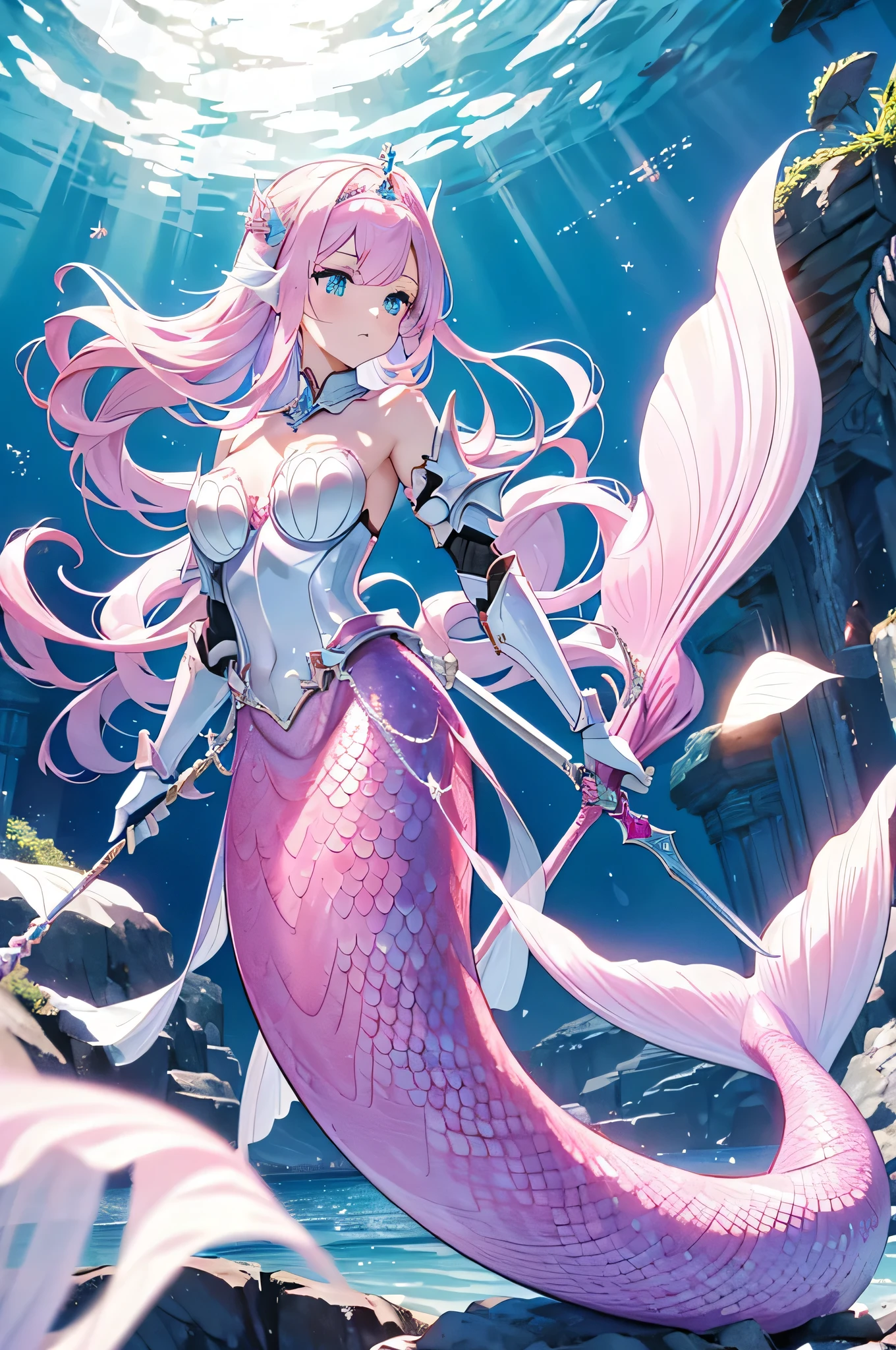 , a wide angle picture of a female human druid swimming along her pet shark, priest of underwater nature, cleric of underwater nature, art full body, ((anatomically correct)), dynamic position (intricate details, Masterpiece, best quality: 1.5) talking to a shark (intricate details, Masterpiece, best quality: 1.5) under the sea  (intricate details, Masterpiece, best quality: 1.5), a human woman wearing scale armor ((intricate details, Masterpiece, best quality: 1.4) leather boots, armed with a sword, GLOWING WEAPON, thick hair, long hair, pink hair, tan skin intense brown eyes, undersea background (intense details),  night undersea( (intricate details, Masterpiece, best quality: 1.5)high details, best quality, 16k, RAW, (ultra detailed: 1.5), masterpiece, best quality, (extremely detailed), dynamic angle, ultra wide shot, RAW, photorealistic, fantasy art, rpg art, realistic ), dynamic angle,  (intricate details, Masterpiece, best quality: 1.5)), high details, best quality, highres, ultra wide angle, Wielding sword, chumbasket art style