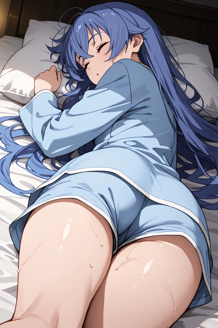 takeda hiromitsu style,(((masterpiece, highest quality:1.3,absurdres))),nsfw,20 year old beauty,solo,((very small head)),long hair,bangs,dark blue hair,dark blue eyes,shy,tears,medium breasts,((very long body)),((toned body:1.2,slender body)),skinny,gleaming skin,shiny skin,sweat,(Dark blue bra、clavicle、navel、Navy blue panties、Wet crotch、barefoot),lying,spread legs,Simple bed、Simple bedroom、