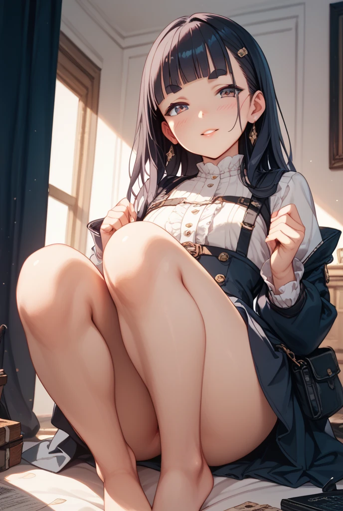 ((Лучшее качество)), ((шедевр)), (подробный), a girl of about 18 years old in a with a mini skirt lies on the bed with her legs spread apart, you can see her feet and her underwear, she has black hair, she rolled her eyes and stuck out her tongue, she is covered in sweat