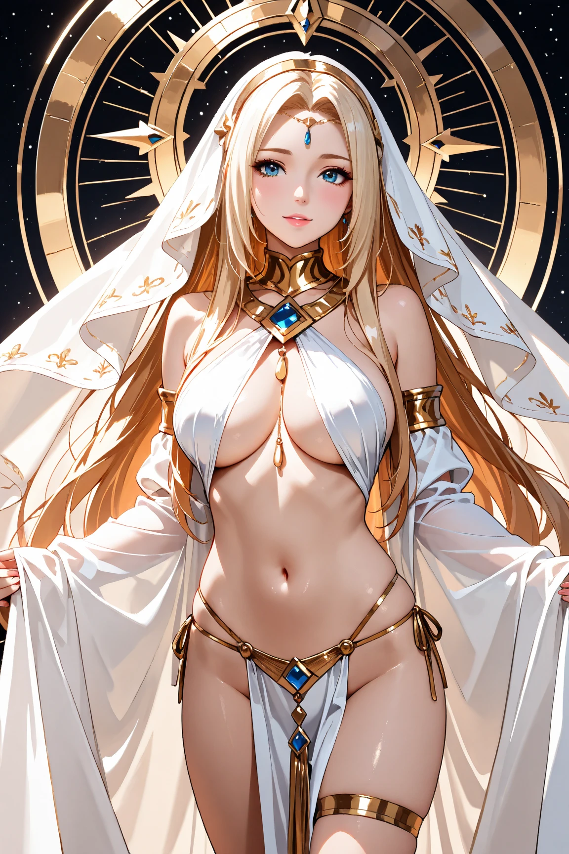 (masterpiece), best quality, expressive eyes, perfect face, female,  full body, standing, pov, light dark-skinned, desert, egyptian style ,[egyptian palace], (beautiful eyes):8, huge breast, curly blonde hair, long legs, transparent veil clothing, [green eyes]:2 , voluminous hair, beautiful face,