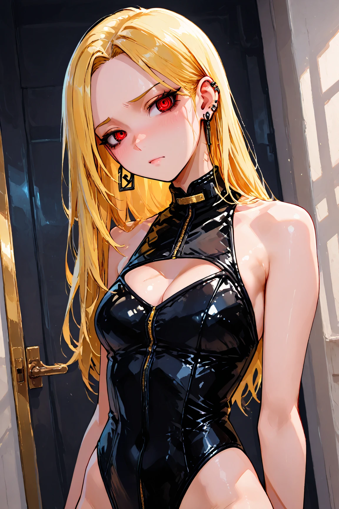 8k, highres, ultra detailed, (masterpiece:1.4), best quality, symmetrical body, (Black latex nurse outfit:1.6), provocative pose, cute, solo, long hair, blonde hair with pink hair tips, red eyes, long lashes, glow effect, finely eye, wide smile, grinding, detailed face, looking at viewer, smilling at viewer, bedroom, angled view, big breasts, sitting, legs spread, (breasts grab:1.4)