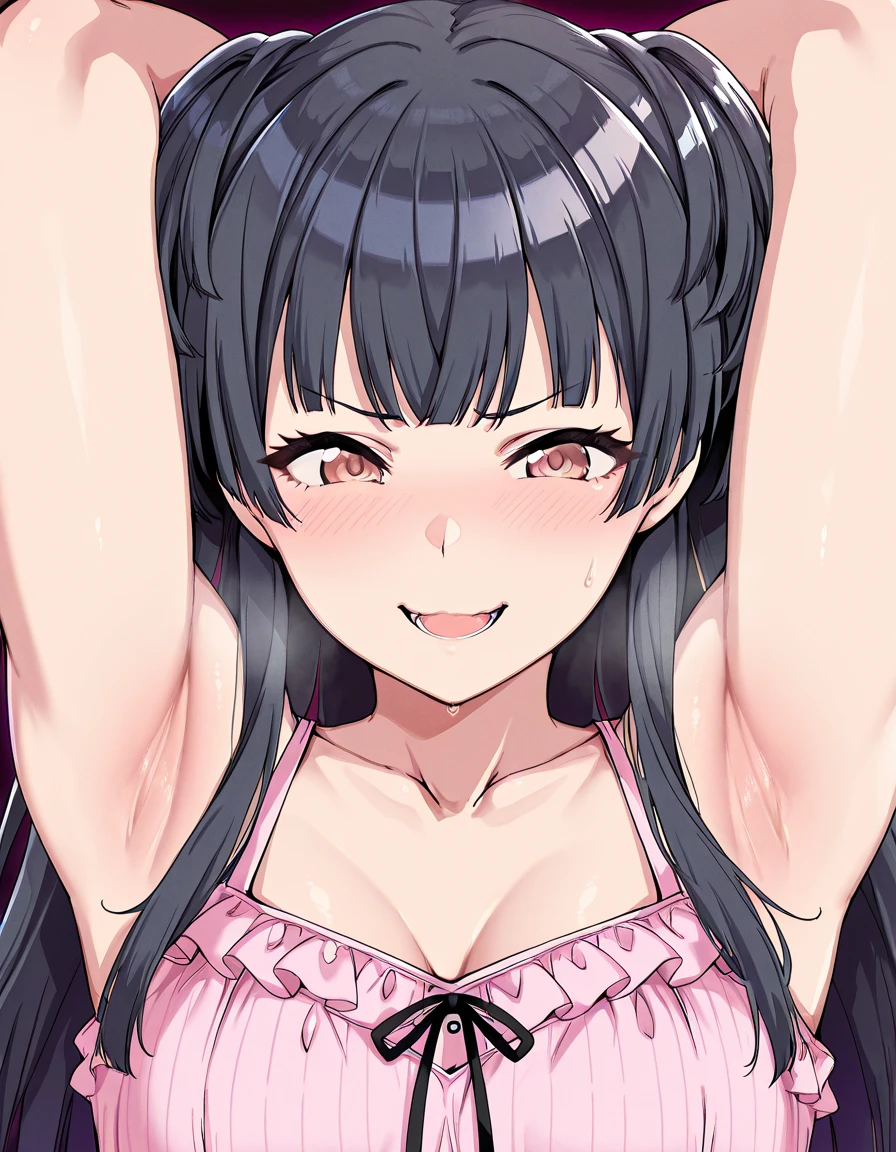 with a loose shirt showing her small breasts, sideboob, Ahegao face