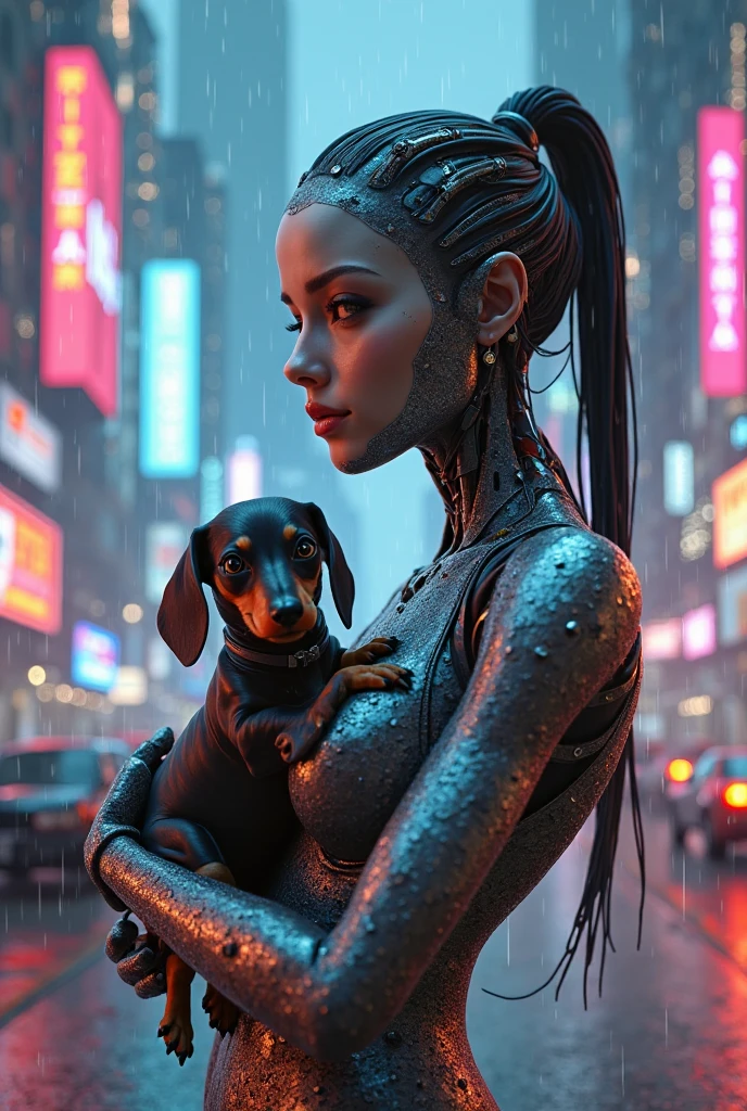 Creat a pic of gorgeous futuristic girl,looking like a science fiction character,holding a sword looking like a warrior in glowing futuristic city,with a robot pet looking beautiful with green eyes, wearing fashionable futuristic clothes 