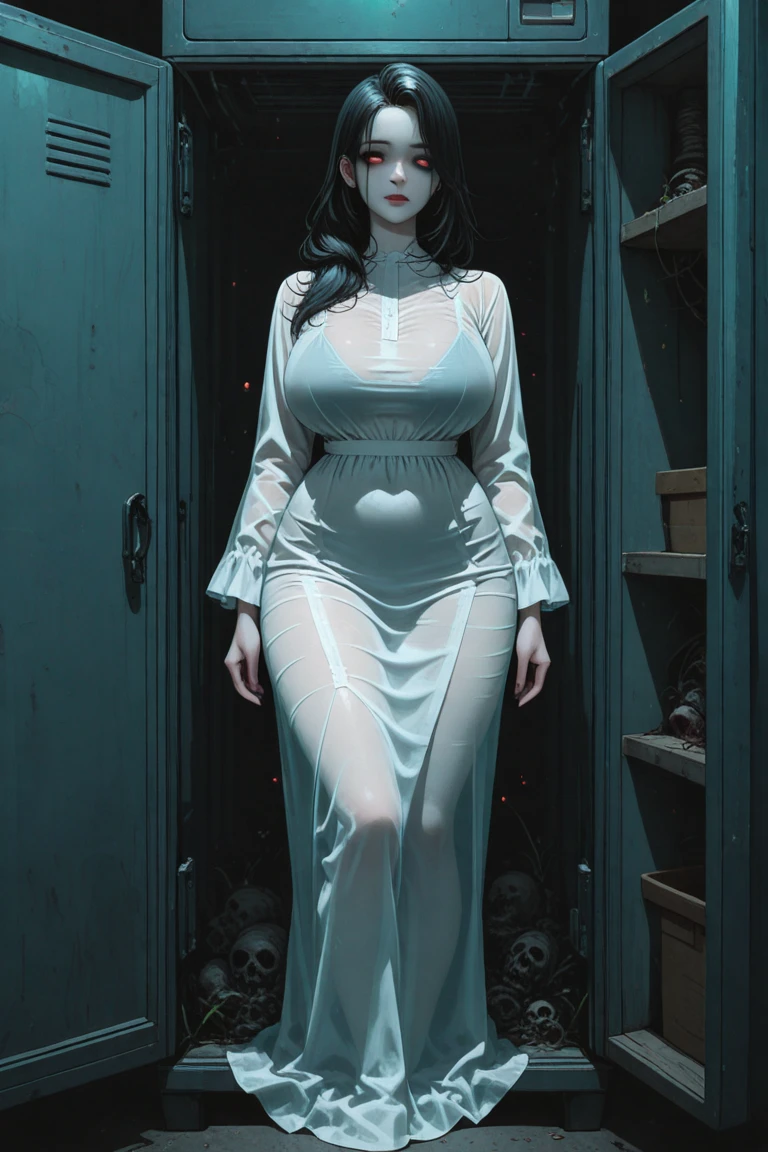 Realistic Japan horror movie taste images, masterpiece, (Best Quality), (absurdness quality), High resolution, 32K, (Photorealistic:1.4), Black hair, {{{Ultra-realistic photos of mountain Yamamura_Sadako}}}, (((torn, Sheer dress))), {{{Long hair above the eyes, eyes covered, Face hidden in long hair}}}, Spooky Ghost Woman, Messy abandoned house, Dark atmosphere, Super huge cleavage exposed from a light dress, Full body shot, in a panoramic view, Super big breaths spilled out of a light dress,
