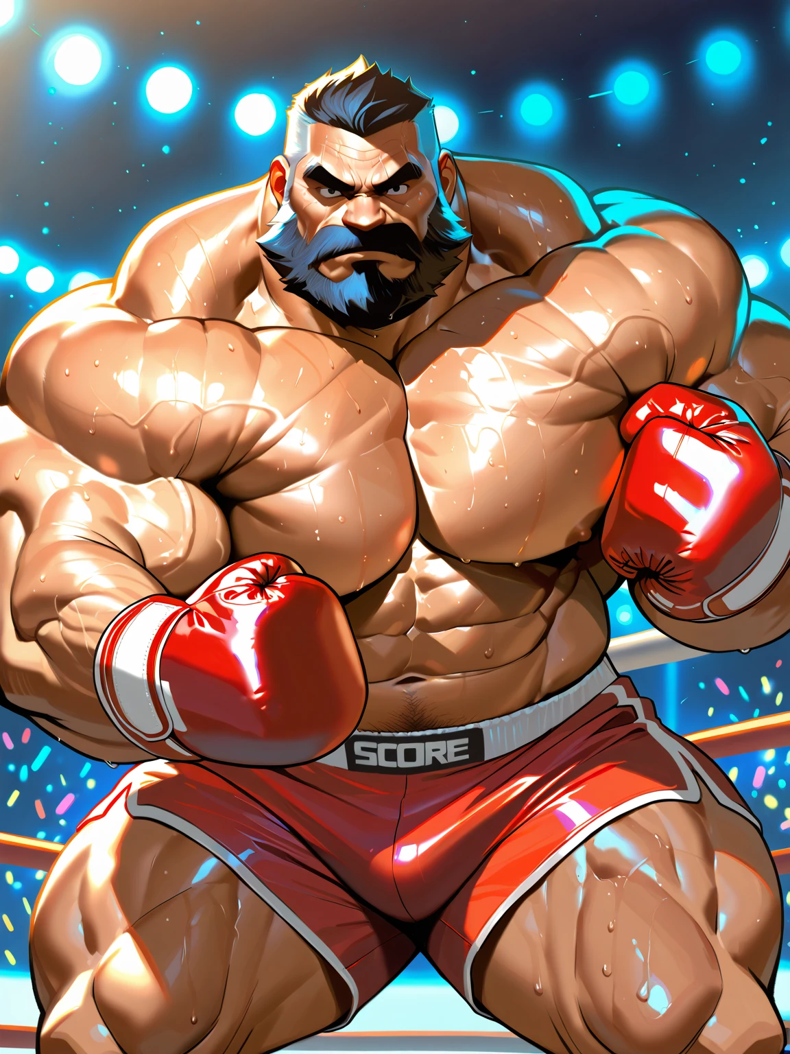 screw it up: Muscular human brown bear wearing boxing gloves. 4K, A high resolution, Best quality at best, perfect colors, perfect shadow, perfect litthing, posted on e621, hairy bodies, Alone, Human brown bear, my, bodyhair, older, male people, (large bulge,Black shorts:1.5), male people, (musculous, big muscle mass:1.2), torso, Correct anatomy, (Realistic fur, Delicate fur, epic, tmasterpiece:1.2), (Detailed gym background, during night), sexy dark tarantula fiddler, by Chun Ni, by Kusanagi, Bonifasko lighting), (fistfighting, (A detailed eye:1.2), sweaty:2, perspiring:1.2, shining fur, Pose for the camera, body builder, Self-confident, large muscle, sexy for, full bodyesbian, boxing gloves, serious face expression