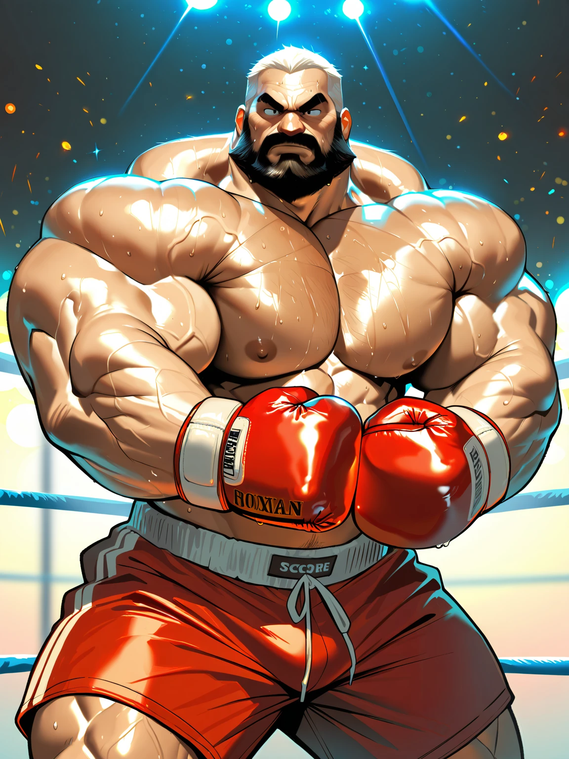 3D Photorealistic, Masterpiece realistic, best high quality, perfect details, RAW Photo, intricate details, nice lighting, 4K, detailed background, In the championship boxing match, A determined muscular boxing champion 45-year-old man, perfect wrinkle wearing pure white boxing trunk and red boxing gloves. wide abs (wide abs:1.4). His faces marked with grit and determination. Crowded audiences and nice lighting, nice face lighting, serving a boxing battleground. The banner signs overhead cast a surreal, flickering glow, adding to the atmosphere of raw energy. He looks firm in powerful boxing stances, as ready to start the fight in a next second. Unnoticed by the world beyond. It's a fight born of pride, rivalry, or perhaps a deeper conflict and pride, and it rages on with an intensity that can only be found in the unforgiving boxing stadium of the city. Intricate details, details of physic muscle, perfect body anatomy, perfect hand anatomy. hot beard, (look at viewer:1.6), (straight face:1.2), view from bottom (view from bottom:1.3)