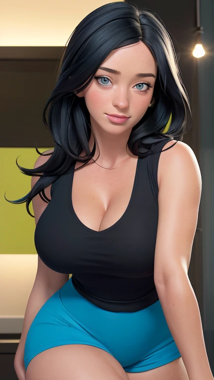 (beautiful,detailed eyes:1.1,purple),(delicate facial features,clear complexion:1.1),(black hair,unique),(mint t-shirt,jeans),(youthful,graceful posture),(vivid colors),(portrait:1.1),(sharp focus),(studio lighting),(bokeh),(female,1girl),(busty,voluptuous),(relaxed,confident expression) busty. Voluptuos. Comic style