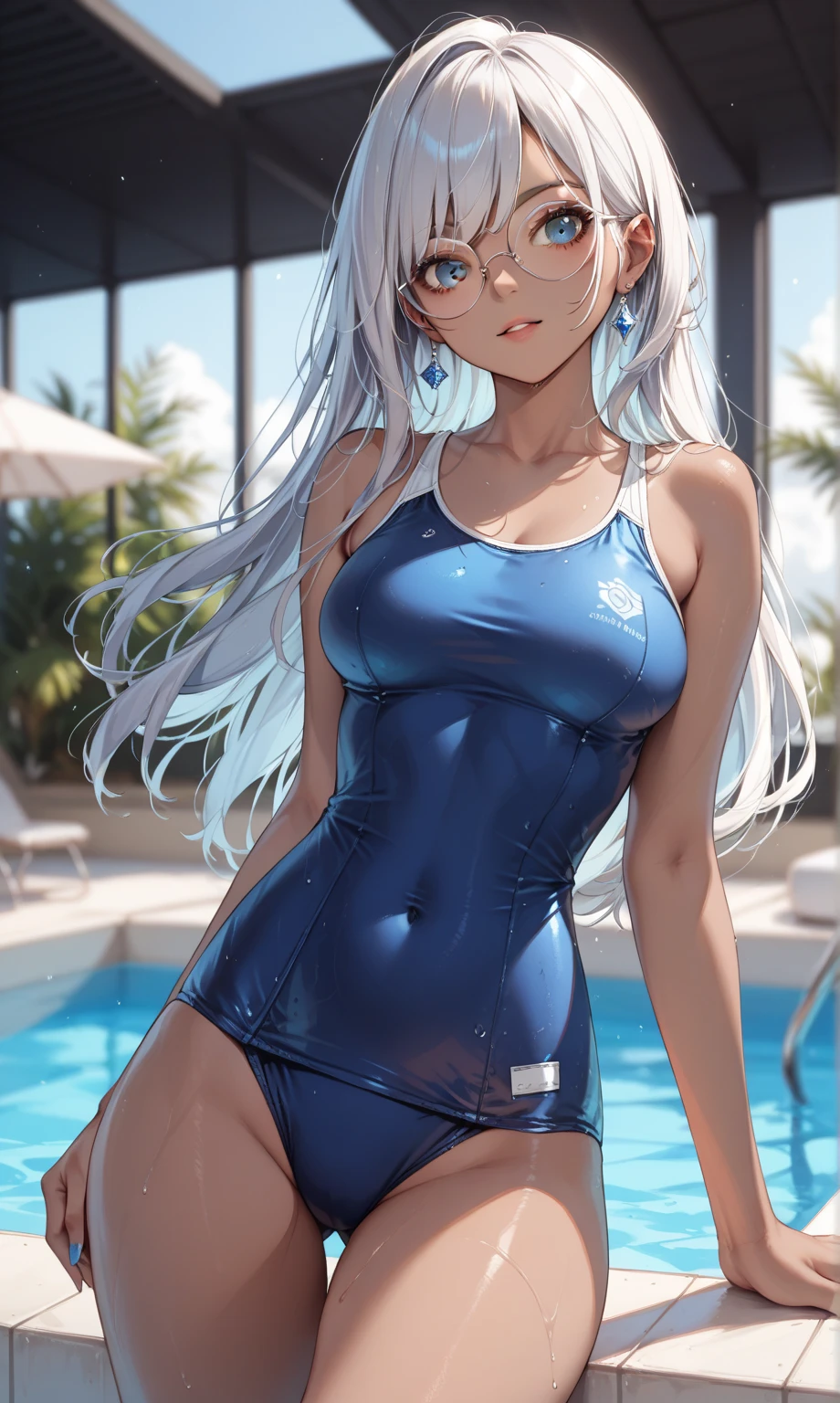 front、one piece school swimsuit、Beautiful Girl Magician、silver hair upstyle、((whole body))、(((photo taken from below)))、pool