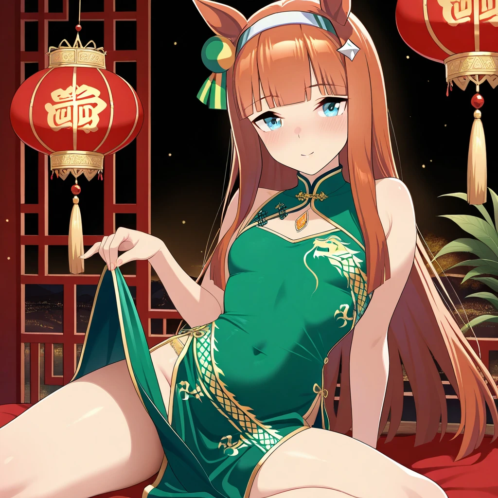 Exotic furry cartoon, oriental character, 1girl, breasts, tail, animal ears, solo, fox ears, fox tail, dress, skindentation, cheongsam, from the side, big breasts, blush, white background, fox girl, looking viewer, bare shoulders, short hair, animal ear fluff, food, simple background, cheongsam, cowboy shot, removed sleeves, hair ornament, Red dress, long sleeves, buttocks