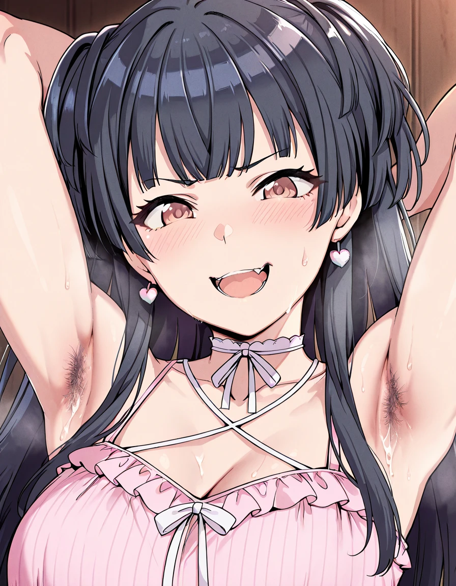 solo, 1girl, looking at viewer, reina kousaka, , ,,spoken heart,,(petite),flat chest,grin,outdoor,socks,,open mouth,tongue,(trembling:1.3),sweating,(nsfw)