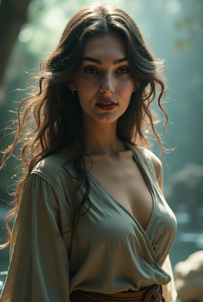  off shoulder steel, cleavage, long wild hair, old womans, tied hands, wrapped hands, cuffed, steel collar