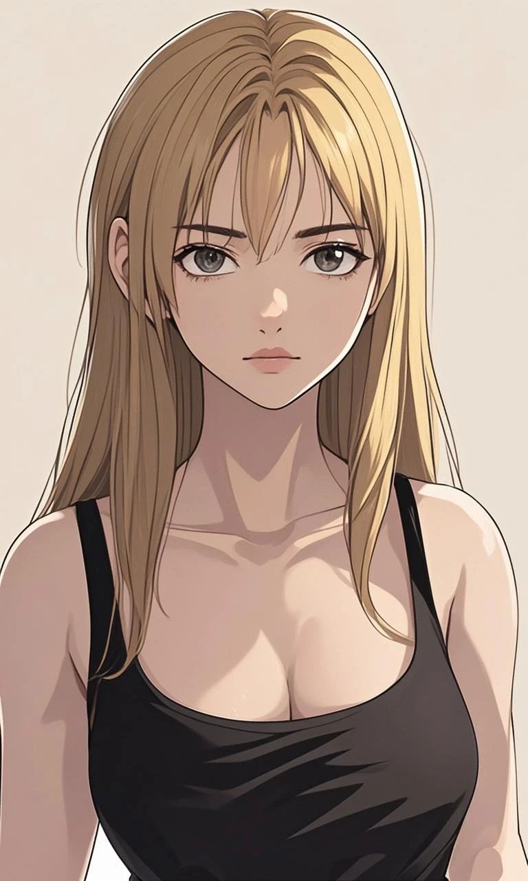 (best quality, highres), portrait, upper body, cool type adult woman, long hair, swept-side bangs, [[[brown hair]]], blonde hair, brown eyes, tank top, plain wall, ultra detailed cg