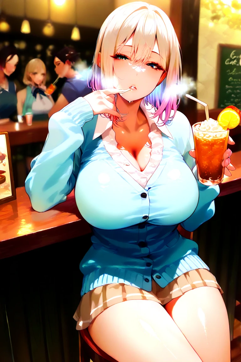 blush, glowing aura, natural light, masterpiece,  glossy skin, juicy lips , ,sexy, hot, ,  evil,juicy lips, bimbo, hour glass, blonde hair,  wide eyes, green eyes, massive boobs, dark lighting, long hair, pink bow, platform shoes, bow in hair, golden round glasses, sandy blonde hair, bimbo, cute, evil smile, no hair on forehead, no fringe, juicy lips,  red shirt, fast food worker, name tag, hat, scarf tie, yellow scarf tie, holding food and drink, holding tray of food, black striped jeans, 