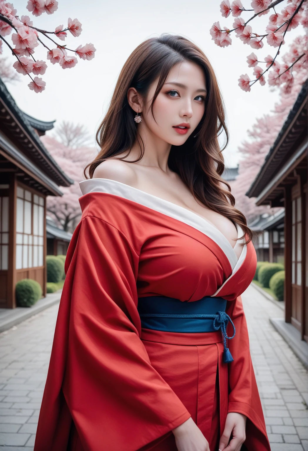 (8K, RAW Photos, of the highest quality, Masterpieces: 1.2、portlate)、((Dressing、Kimono、Red kimono:1.2、Seven five three))、((full body Esbian:0.8)),1 persons、super detailed, Super Resolution, (Realistic, Real Photos: 1.37), Portraits, high resolution RAW color photos, Professional Photos, highly detailed and beautiful, Highly detailed, 8K Picture Wallpaper, Amazing details、Cute beautiful woman with perfect body: 1.4、Slim big: 1.2、Full body image, shinny skin、Bare skin is wet、((Dark brown hair color、Longhaire))、((Breasts are G cup:1.2, 爆乳:1.3, Too big:1.2、huge-breasted:1.2、Boobs are about to overflow from lingerie:1.3、gigantic cleavage breasts)) 、(High Definition Breast、happy facial expression)、((Sunny、shrines、In front of the shrine、cherry trees、cherry blossom in full bloom、Cherry blossom petals flutter、Mystical landscape、Unreal landscapes))、((is standing、Five hands、It has 5 legs、It can be distinguished from the human hand、It can be distinguished from the human foot)),((Women as the main focus))、High-definition face and skin texture、A detailed eye、二重まぶた、shinny skin、Bare skin is wet、Highly detailed and focused chest