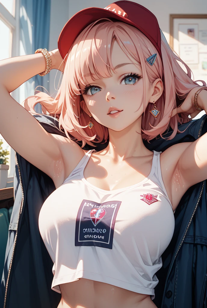 (Masterpiece, BestQuality:1.3), (ultra detailed:1.2), (hyperrealistic:1.3), (RAW photo:1.2), High detail RAW color photo, professional photograph, (Photorealistic:1.4), (realistic:1.4), professional lighting, perfect anatomy, (Big Breasts:1.2), (blush, detailed face), (cheerful Smile:1.5), (Pink Hair:1.5), Trending Hair&Trending Hairカラーをランダムに, earrings, necklace, bracelet, sexly, erotic sexly, Random sexy gravure poses, ((A woman in blue hot pants and a white tank top、The background is a summer festival、Happy smile、ponytail、Hand waving pose: 1.3)