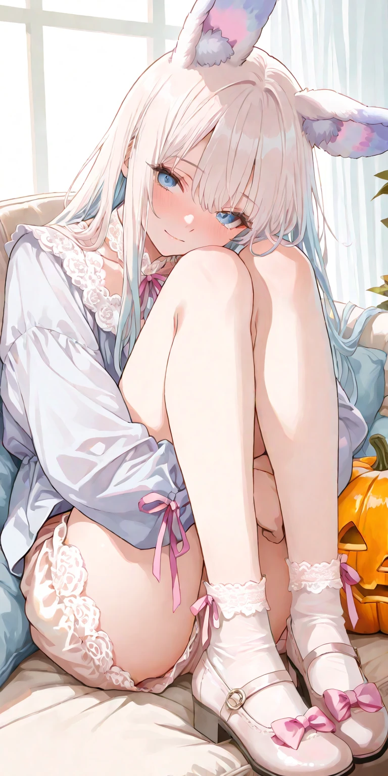 Creampie, 1 girl in, spreading legs, medium breasts, no panties, alot of white fluid flowing out of pussy