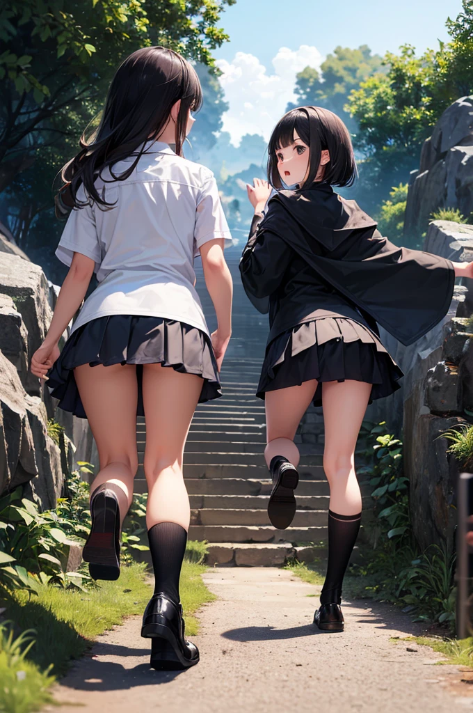 ((Highest quality)), ((masterpiece)), (High resolution), 8k, Best Shadow, The best natural light, Cinematic, (Two adult women climbing the stairs side by side), (Brown Hair,)、Looking back, bashful、Sailor collar、Fashionable white shirt、Sailor suit、Navy Pleated Skirt、(Navy blue socks)、((Rear view))、Angle from the rear, Navy blue socksにクローズアップ、Manga panel layout、Cartoon style、Manga Design、Station stairs、On the way to school, (The wind is blowing up from the ground, flipping up her skirt and revealing her panties:1.4), Stylish pink satin panties, Slender body,Beautiful thighs, Embarrassed look, Iori, Perfect lighting, Perfect Shadow, Exact number of arms, Exact number of legs, Perfect Anatomy, Exact finger count、Exact number of legs、(Exact number of arms:1.0, Exact number of hands:1.0), (Perfect hands, Perfect Anatomy)