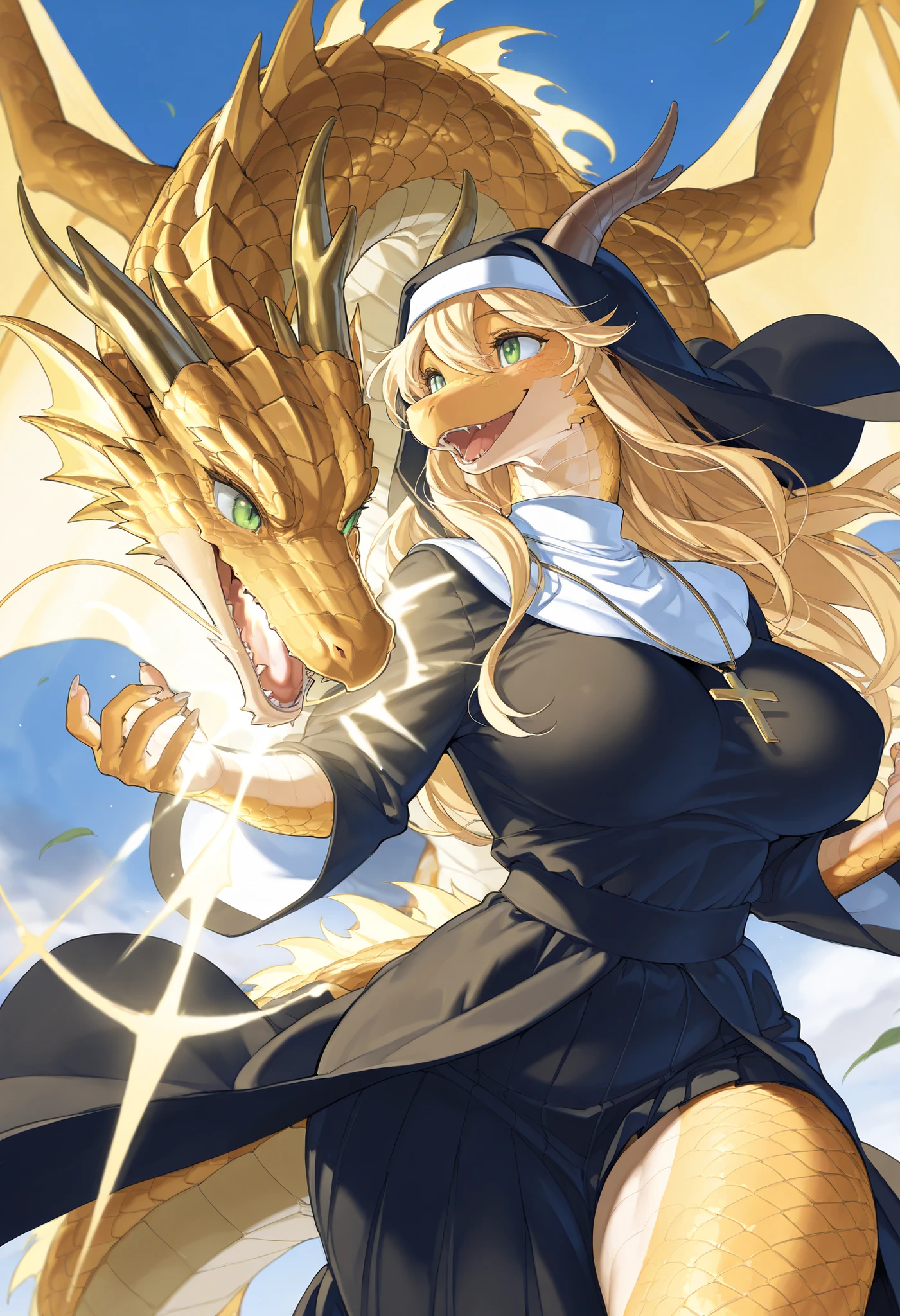 masterpiece, best quality, ultra-detailed, best illustration, solo, 1girl, dynamic pose, score_9 , score_8_up , score_8 , score_7_up score_6_up score_5_up score_4_up , source_anime , 1girl , anthro, furry, scalie, solo , dragon, milf, mature female, wings, green eyes, dragon horns, gold scales, scales, female, (lora: campfire:1), big breasts, wide hips, Innocent, happy, smiling, kind, blonde hair, long hair, nun, nun robe, pleated skirt, jewelry, heal magic, divine, divine dragon, divine magic