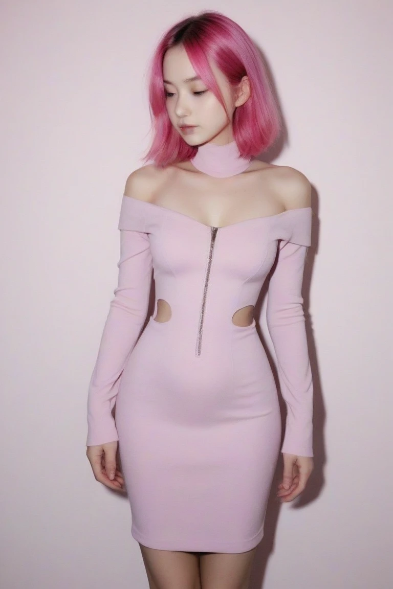 young woman, bubblegum pink hair tied in a bun, wide forehead, porcelain skin, pink eyebrows, emerald green eyes, upturned nose, thick pink lips, heart-shaped face, dark red clothes, Sakura Haruno, realism, well detailed, 3d