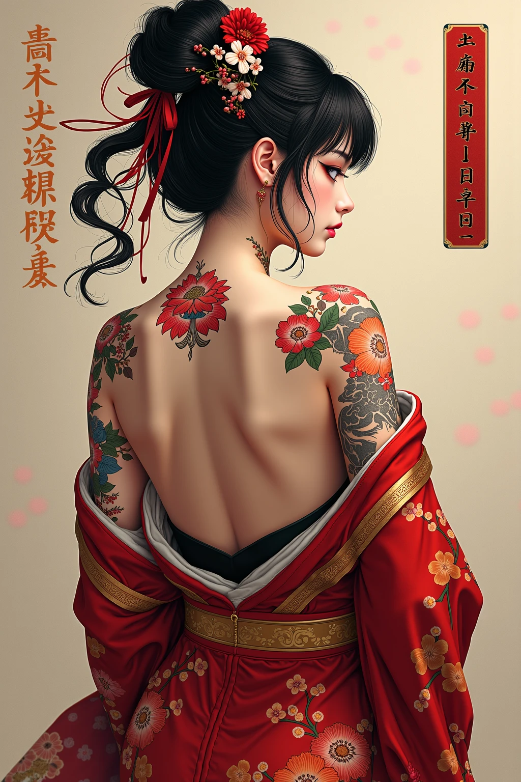 (obra-prima, qualidade superior, melhor qualidade, arte oficial, beautiful and aesthetic: 1.2), 1menina, tatuagem, solo, roupas japonesas, ornamento de cabelo, desembainhamento, cabelo preto, bainha, tatuagem nas costas, olhos azuis, fora do ombro, ombros nus, looking behind, from behind, flor, olhando para o espectador, segurando, maquiagem,
Interior batman tattoo