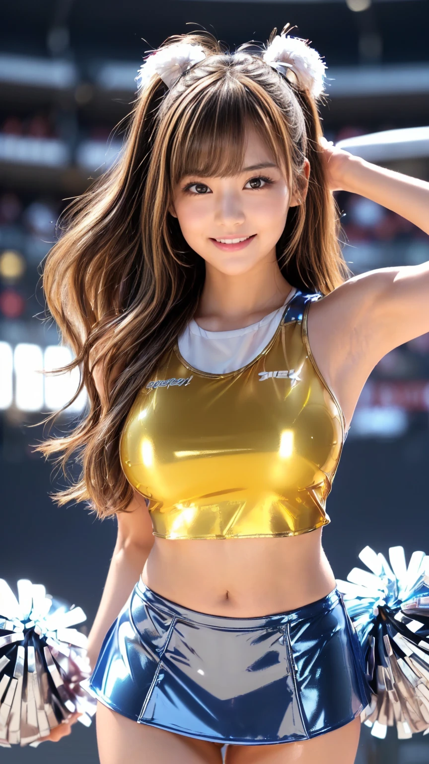 (((best quality、8K、photorealistic:1.4、masterpiece)))、backlight、A woman with very fine facial texture、18 years old、(((Sky Blue Sequined Cheerleader:1.2)))、((stadium background:1.2))、raise arms、laughter、open mouth、Shiny Blonde hair and length hairstyle、Blonde。length。half sleeve, bare shoulders, Central opening, split, central treasure chest、ribbon。(((Double tail:1.2)))。(((Show panties。legs spread posture:1.2)))