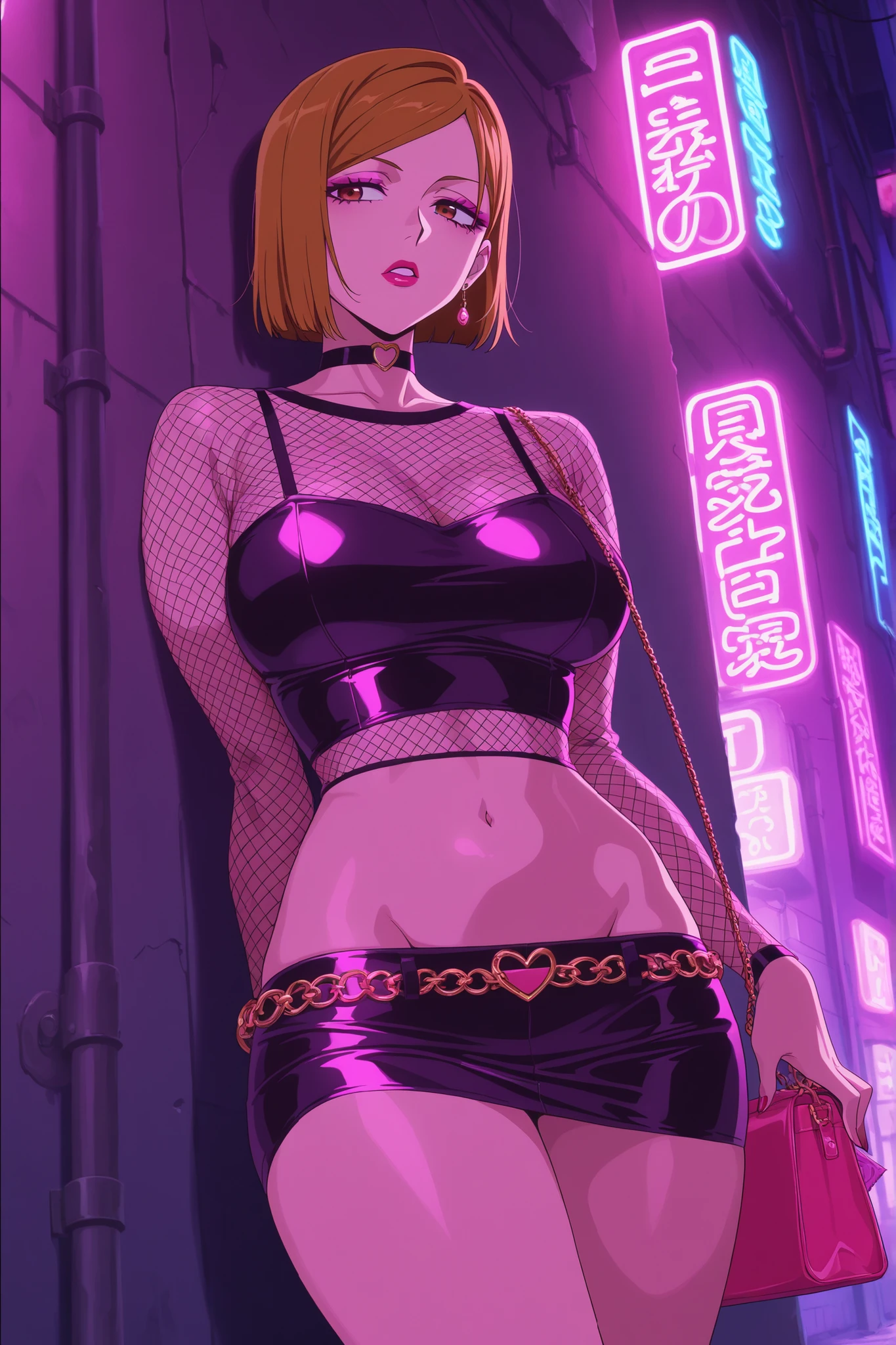 1girl, Hikaru Hiyama, 1girl, Hikaru Hiyama, (best image quality, best girl), (one girl), girl wearing ((red ribbon-shaped hair ornament))), pointed lips, expressionless, confident, satisfaction, intimacy, ((big breasts))), full body, sexy pose, heart pupils, long gloves, tights, (((pink leopard print bikini)), ( ( (Heart Pupil)), drooling, camera gaze, gold mesh, ((night city)), neon street, back alley, evil smile