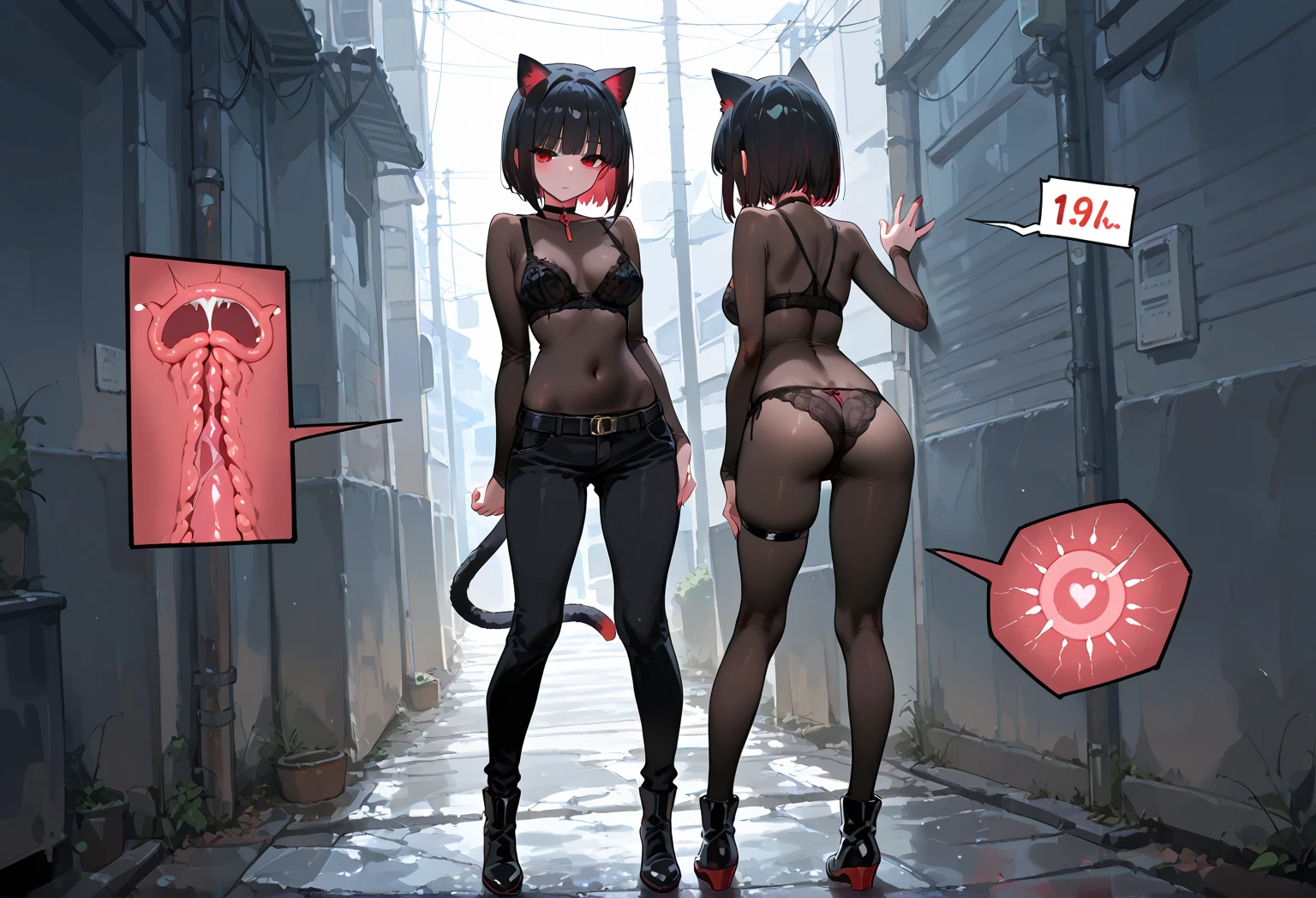 masterpiece, best quality, (beautiful eyes:1.3),
back alley, night, isekai, cuffs, wrist bands, ankle band, tattoo, dark skin,
1girl,  hoodie, sweatshirt, bandages on legs, barefoot, (black shorts:1.5), leg warmers, cape with blades, printed face mask, (cat tail:1.3), front view, medium breasts, squatting,
 <lora:add_detail:1>,
 <lora:body_size_control_V2:3>