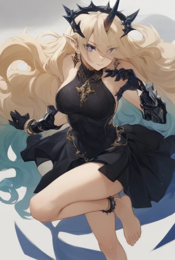 1girl, anime, cute girl, blank background, white background, fantasy, detailed fantasy dress with highlights, beautiful face, beautiful eyes, dark colors, black hair with multicolor streaks, red eye with different color pupil in eye, multicolor eye, medium small breasts (slightly big), slight cleavage, beautiful skin, cute, breast curtains, extremely delicate and beautiful, (beautiful detailed face:1.0), (detailed deep eyes), symmetrical breasts, deep eyes, shiny skin, portrait, slender waist, hips wider than shoulders, thighs, expressionless, young girl, luminous eyes, adorable,(Kpop idol),(aegyo sal:1),(Platinum blonde hair:1),((puffy eye)),Black panty,sexy posture,Superskirt, ultra high resolution,Black collar,slim figure, Abdominal y tattoo, womb tattoo,Tight-fitting leg ring,y tattoo on half-body,Bare skin, Armored hand,Hidden fingertips,Hand covered,Arm covered,Fist covered,{{beautiful detailed fingers}}, tufts of hair, moderate beautiful breast:1.0,(masterpiece:1.2), best quality, high-res, HDR, perfect face, intricate armor, delicate blue filigree, intricate filigree, red metalic parts, detailed part, dynamic pose, dynamic lights,