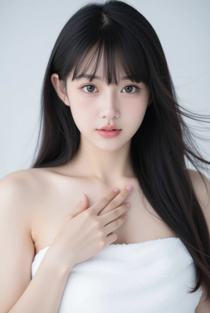 highest quality, realistic, 8K, High resolution, 1 girl, woman, (skin dents), (portrait:0.6), nice, ((white background, naked, small breasts:1.65)), (long black hair, parted bangs:1.4), looking at the viewer, (1 girl eyes looking at the viewer:1.6), realistic, (Bokeh), (closed mouth, smile:1.3), nice, Pueros face_V1:1,