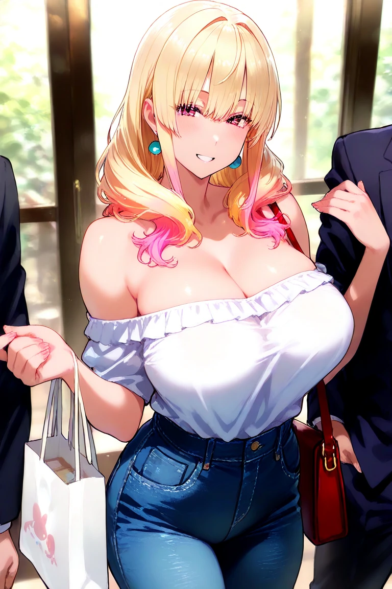 masterpiece, best quality, high detail, beautiful business woman, solo focus, long wavy hair, pink hair, large bust, (black blazer and bra), black midi pencil skirt, long skirt, wide hips, looking at viewer, full-face blush, wide-eyed, beach, summer, cloudy sky, sun, sweaty, ocean waves,