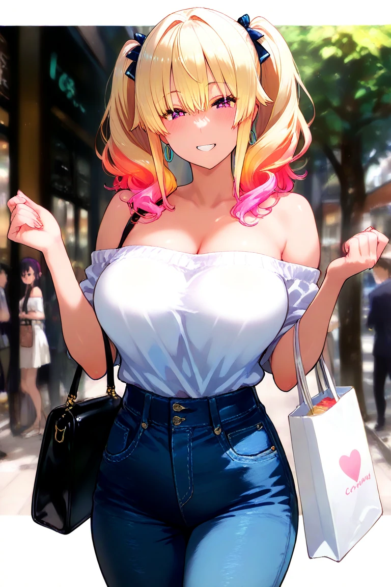 clover_from_totally_spies wearing a pink_turtleneck_top and a black_leather_jacket, skirt, midriff, short blonde hair, gentle_and_happy_smile, happiness, female, beautiful, shopping bag, high resolution, 8k