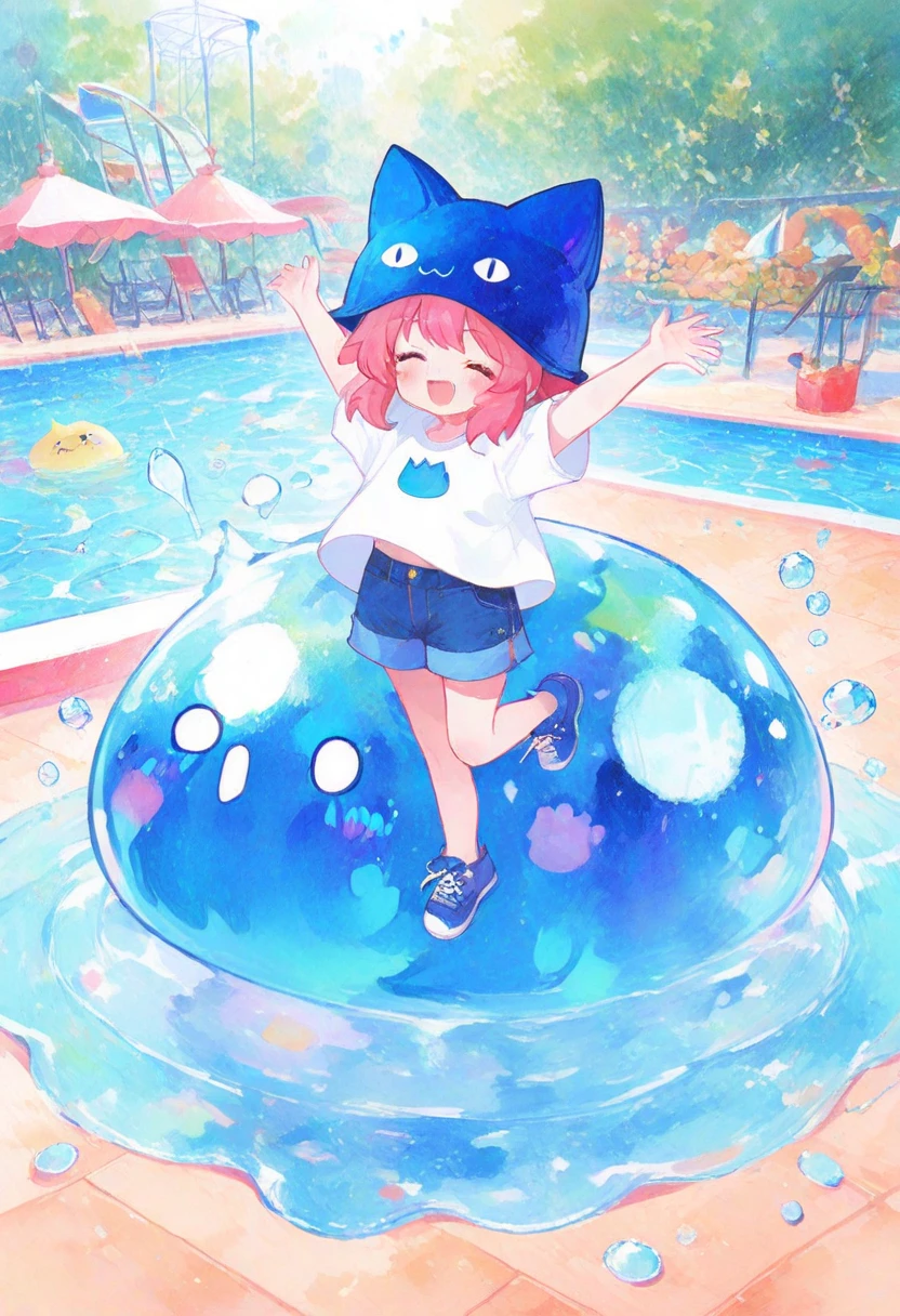 photoRealstic、Doll standing in front of the painting(nendroid)、Water droplets on the cheeks、Happy singing face、Pose making the shape of a handgun with your hands、Close one eye、Sengai、pixiv、rokoko、dollfie dream、watercolor Nendoroid、(High Definition Figure)、Flowing iridescent silk、up of face、Eye Up、Bikini swimwear(with floral pattern)、There are also flowers in front of the nendroids、flower petals、water dripping、season!!: summer☀ 🍂