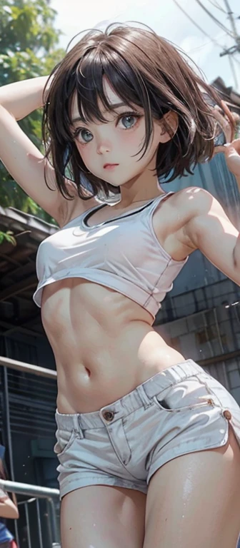 ((perfect anatomy:1.2,realistic:1.5,RAW Photography:1.5,masterpiece、highest quality、Ultra - High resolution、High resolution、Highly detailed CG、8K)),cowboy shot,1 female,solo、18 year old beauty,Japanese,((beautiful detailed face and eyes:1.3,gorgeous eyes:1.3,black eyes)),black hair,short bob hair,straight hair,bangs,blush,((medium breasts,slender body,small head:1.3,skinny)),(brown skin:1.4,gleaming skin,oily skin,shiny skin,sweat),(Sports Bikini、White sports bra、White sports shorts、navel),standing,arena、