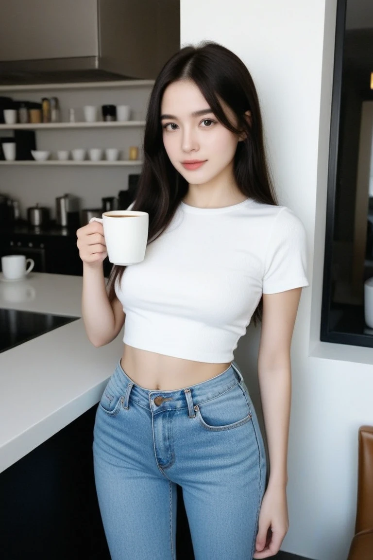 Best image quality、RAW Photos、超A high resolution、21 years old Korean、Small breasts、Dynamic Angle、Cowboy Shot、Chaos in its most beautiful form、elegant、Brutalist Design、Vibrant colors、Beautiful white hair、Short Bob、smile、fun、smile、Glowing White Skin、Beautiful eyes with random colors、Very thin lips、Beautiful eyes in every detail、length, Narrow eyes、Cheeks are pale pink、length eyelashes、Beautiful double eyelids、eye shadow、Bright white hair、Crop top、See-through shirt、Vibrant colors、Checkered Pleated Skirt、Bright room、Shooting from the side、squat、Holding a mug