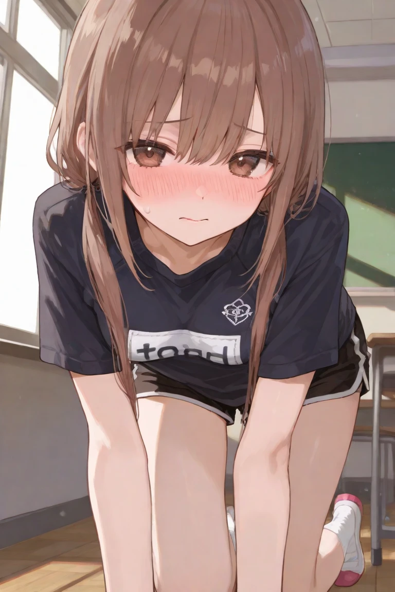 18 year old girl, large eyes, big eyelashes, thin eyebrows, half full cheeks, thick lips, curly brown hair, Brazilian long-sleeved football shirt with number 10, showing the ass, pink panties, long white socks, in pose on all fours