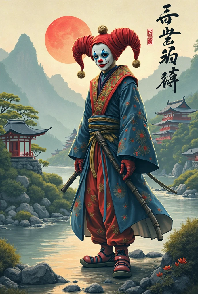 ((Need)),((Chinese style)),((tmasterpiece)), (A detailed),Super delicate，1male people，jocker，Chinese Hanfu，Meticulous clown makeup， exteriors， Fighting posture，Traditional Chinese costumes，Oriental fantasy，Chinese mythology，Buddhist elements，Epic fantasy digital art style，Magical Taoist totems，