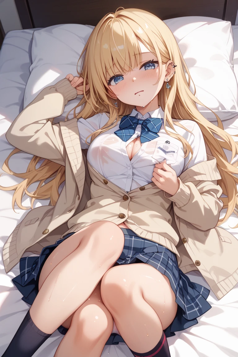 （Highest quality、masterpiece、High Resolution 1,）、（Very embarrassed face 1,1）、（Girl sitting 1,3）blush、(High angle 1,1)、Lip details、（Attractive breasts、Body 1,3）Half-undressed blazer、White shirt unbuttoned、Attractive bra、Charming valley、Short skirt、Hands between thighs、Tears in the eyes、Sweaty hair sticking to my face、