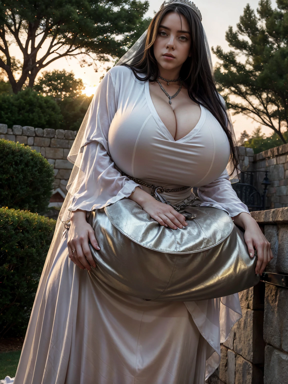 (RAW photo), (Realistic), (photo-realistic), ultra high resolution, masterpiece, highest quality, portrait, facial portrait, perfect lighting, detailed lighting, dramatic shadow, ray tracing, 1 Japanese beautiful young lady, 20 years old, beautiful princess, perfect anatomy, ((Voluptuous body:1.2)), cleavage, symmetrical eyes, beautiful detailed brown eyes, chubby lips, big tits, big ass, big thick thighs, abs, muscle, shortcut messy hair, black hair, half open mouth, looking at viewer, ((wearing a medieval gorgeous white dress:1.5)), ((tiara:1.2)), ((earrings:1.2)), ((gorgeous jewelry necklace:1.2)), ((in medieval church)), (((standing pose))),
